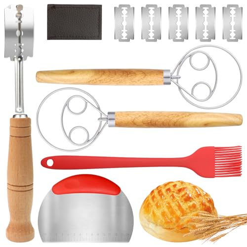 Sauerteig Zubehör Bäckermesser,5 Stk Bäckermesser Set,Sauerteig Starter Set Inkl.2 Stk Dänischer Schneebesen,Teigmesser mit 5 Bäckerklinge Teigschneider,Backpinsel,Brot Backen Zubehör für Gärkörbchen