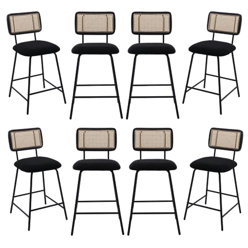 Image of Bar Stools Set of 8, 26 inch Modern Rattan Counter Height Bar Stools with Metal Legs, Upholstered Sherpa Barstools with Cane Backrest for Kitchen Home Bar Restaurant, Black