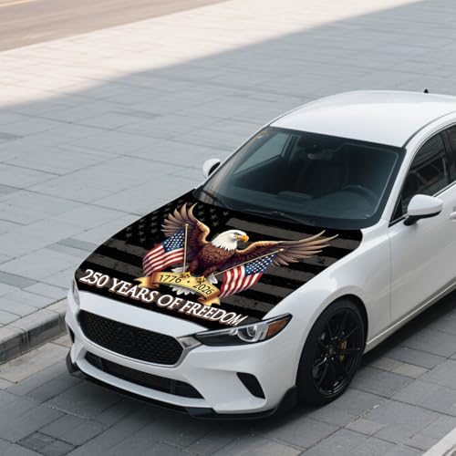 Image of American Car Hood Cover - 59x51 American Car Hood Cover Flag Bonnet Banner with 2 Adjustable Triangular Fasteners, Universal Fit for Trucks, SUV, Patriotic Car America Flag Decor