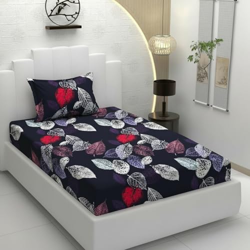 Image of Filymore Flat Single Bed Sheet with 1 Pillow Cover | Black Leaf Design Bedcover | 240 TC Soft Microfiber Single Bedsheet | Breathable, Wrinkle Resistant & Lightweight | 90x60 Inches | Black & Red