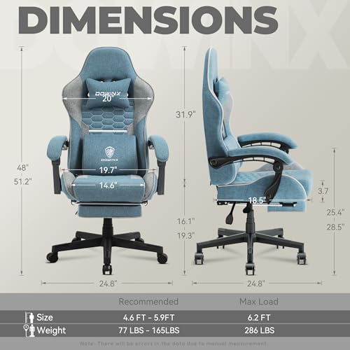 Dowinx Gaming Chair Fabric with Pocket Spring Cushion, Massage Game Chair Cloth with Headrest, Ergonomic Computer Chair with Footrest 290LBS, Blue and Grey - Image 4
