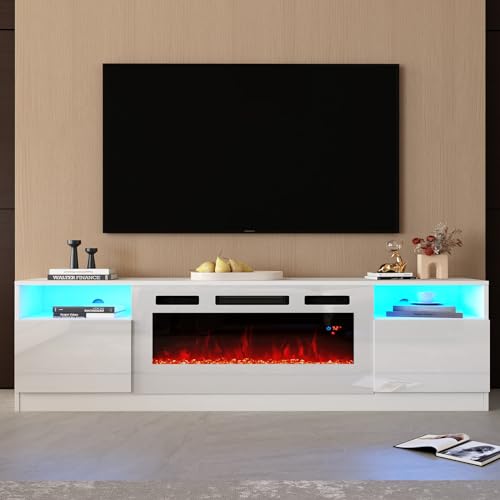 Image of AMERLIFE 80 inch Fireplace TV Stand with 40 inch Electric Fireplace | White, Matte Texture Finish, Modern Entertainment Center, Highlight Storage Cabinet, 12 Colors LED Lights, Fits 90 inch TVs