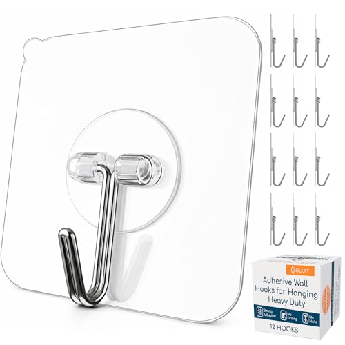 GLUIT Adhesive Wall Hooks for Hanging Heavy Duty 22 lbs Hooks for Walls No Damage, Towel Sticky Clear Hook, Waterproof, Home, Bathroom, Kitchen, Office, and Outdoor 12 Pack