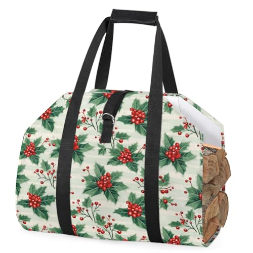 Transportador de troncos de leña de hojas de acebo de Navidad con asa, bolsa de almacenamiento de leña de gran capacidad, bolsa de transporte de madera, chimenea, accesorios para estufa de leña,