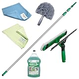 UNGER 6 Piece Conservatory Window Cleaning Kit - 6m Telescopic Pole, Squeegee/Washer, Cobweb Duster, Microfibre Cloths, Soap - Extendable Long Reach