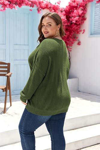 Women's Plus Size Oversized Sweater Crew Neck Batwing Puff Long Sleeve Slouchy Pullover Chunky Knit Jumper Tops Army Green 5X-Large4