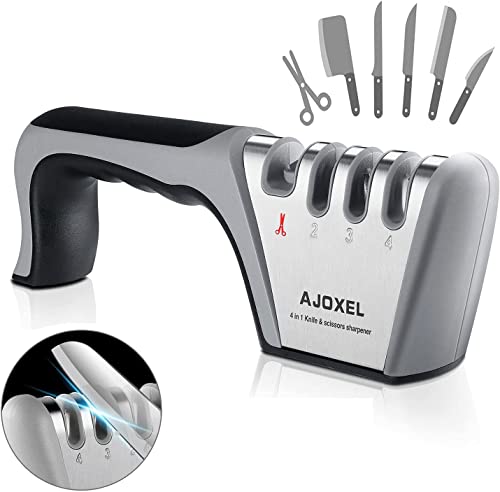 AJOXEL - Afilador de cuchillos profesional 4 en 1 para afilar cuchillos, mango ancho, base antideslizante, varilla de diamante, afilador de cuchillos para cocineros y uso doméstico Cover