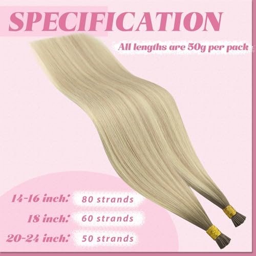 Image of YoungSee Itip Human Hair Extensions Blonde, I Tip Hair Extensions Human Hair, Ash Blonde Ombre Platinum Blonde, Hair Extensions I Tip, 20 Inch 50g 50 Strands, for Natural Appearance