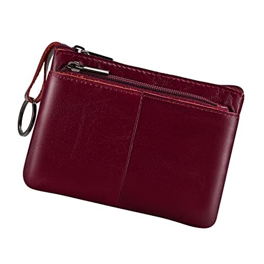 Porte-monnaie en cuir véritable avec triple fermeture éclair et porte-clés, rouge vin, Pochette à monnaie