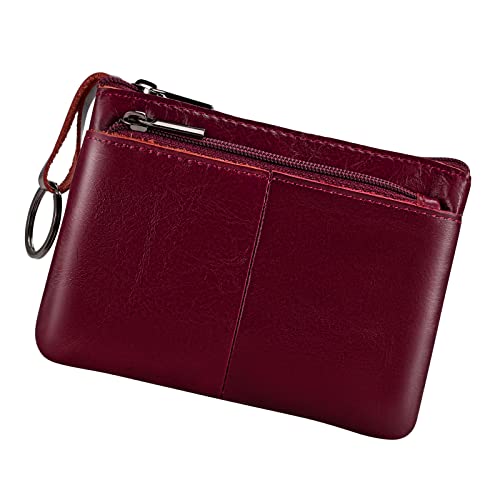 Porte-monnaie pochette en cuir véritable à triple fermeture éclair, porte-cartes portefeuille avec porte-clés, rouge vin, Pochette à monnaie