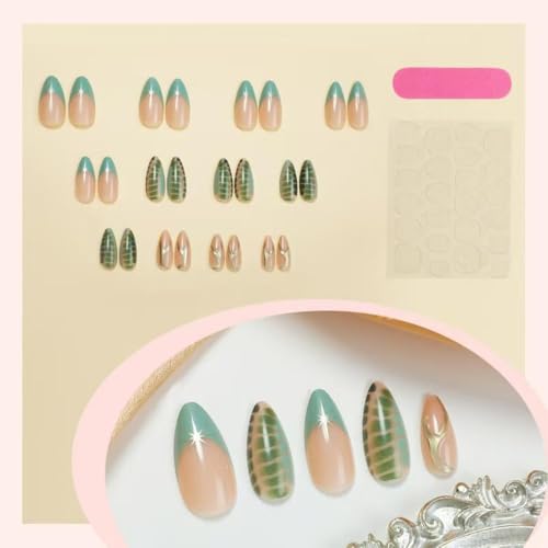 Image of Green French Tip Press On Nails Star False Nails Medium Almond Glossy Artificial Acrylic Full Cover Nude Stick On Nails for Women Manicure 24Pcs