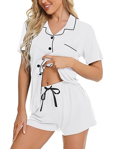 Image of SWOMOG Womens Button Down Pajamas Set Short Sleeve Sleepwear Bride Soft Pj Lounge Sets XS-3XL