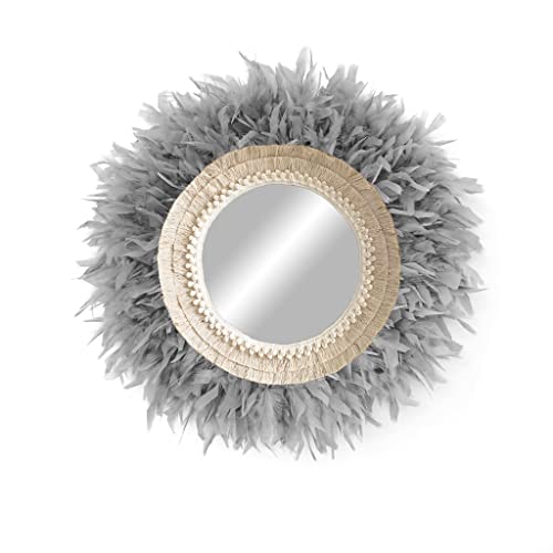 Miroir mural avec plumes gris style MIRROR BOHO en coton