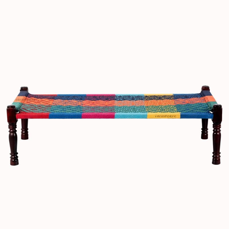 Image of Solid Sheesham Wood Charpai Khat | Handcrafted Daybed Khatiya Charpai with Cotton Rope | Traditional Khat Bed Wooden Diwan Cot for Living Room | 6X3 Feet | Colorful 002, Multicolor
