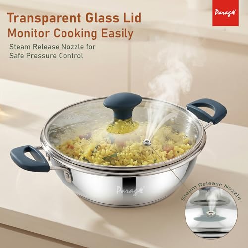 Image of Parage Stainless Steel Kadhai with Glass Lid, 2200ml, Induction & Gas Compatible, Triply Bottom Steel Kadai 24cm with Silicone Handle for Curry, Sabzi & Daily Cooking, 2 Years Warranty