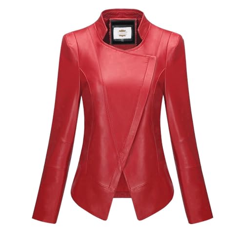 Women's Red Leather Asymmetrical Jacket, Long Sleeve