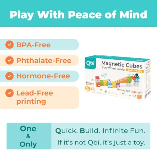 Image of QBI Magnetic Blocks Ages 3+, Wheel Loader & Magnetic Construction Toy Set | 3D Magnetic Track Cubes, Safe ABS Material, 3 Level Shovel, Pretend Play Job Site, Montessori STEM Learning, Birthday Gift