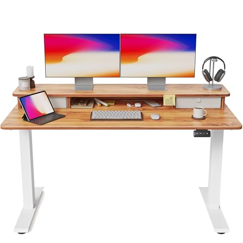 Image of FEZIBO Height Adjustable Electric Standing Desk with Double Drawer, 55 x 24 Inch Stand Up Table with Storage Shelf, Sit Stand Desk with Splice Board, White Frame/Light Rustic Brown Top
