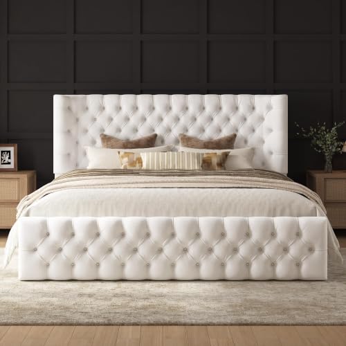 Image of AMERLIFE King Upholstered Bed with Headboard, Wingback, Cream Velvet