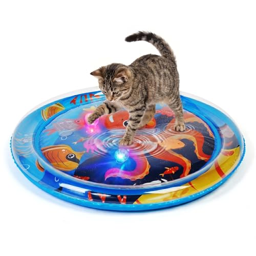 Pawfun Cat Water Mat with Fish- Thickened Cat Sensory Water Play Mat Toy, Interactive Ocean Breeze Splashland with Floating Fish and 2 Balls for Cats & Kittens, Indoor Pet Water Bed Play Mat,Round-2
