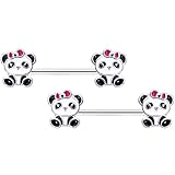 Body Candy 14G Womens Nipplerings Piercing 316L Steel 2Pc Pink Bow Panda Bear Nipple Ring Set 9/16'