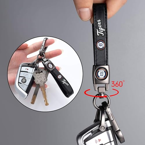 Image of Car Keychain Keyring for Detroit Tigers Baseball Fans,Detroit Tigers Accessories Women /Men's Keychains for Vehicles,Leather Key Ring Lanyard Car Key Fob Holder,Key Fob Keyring Replacement