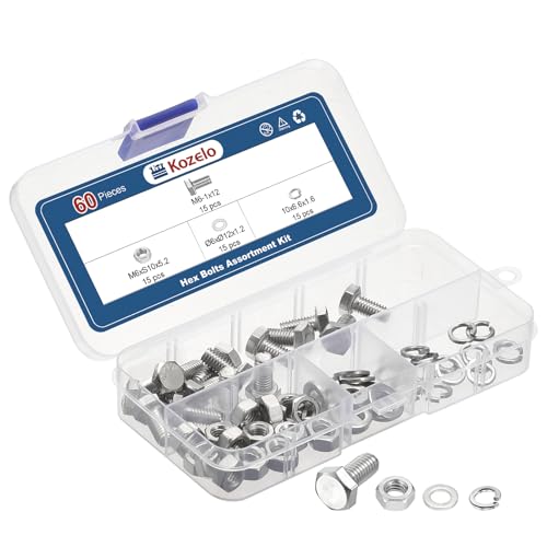 Kozelo 60Pcs Bolts and Nuts Washers Kit-M6-1x12 304 SS Hex Tap Bolt