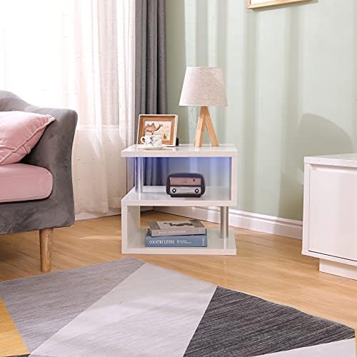Kingwudo® High Gloss Side Table With LED Lights Small Coffee Table End/Sofa Table with Shelves Desk for Living Room Whtie/Grey (High Gloss White)