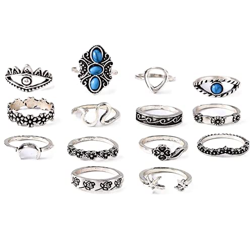 Mosako Boho Turquoise Stackable Finger Rings Set Silver Evil Eyes Sea Wave Mid Joint Rings Moon Flower Crown Carved Hollow Star Knuckle Rings Hand Midi Rings Jewelry for Women and Girls 15pcs