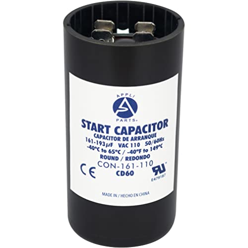 Appli Parts motor start capacitor 161-193 Mfd (microfarads) uF 110-125VAC universal fit for electric motor applications 1-7 16 in Diameter 2-3 4 in Height CON-161-110
