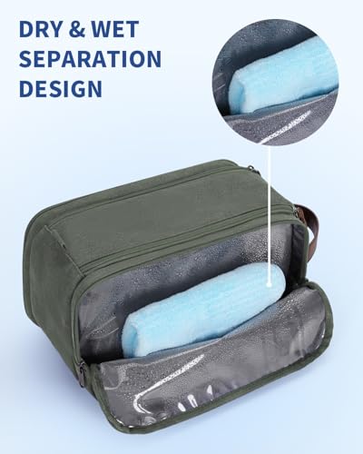 WANDF Toiletry Bag for Men Travel Toiletry Organizer Canvas and Leather Dopp Kit Water-Resistant Shaving Bag for Travel Accessories (Green, Large)2