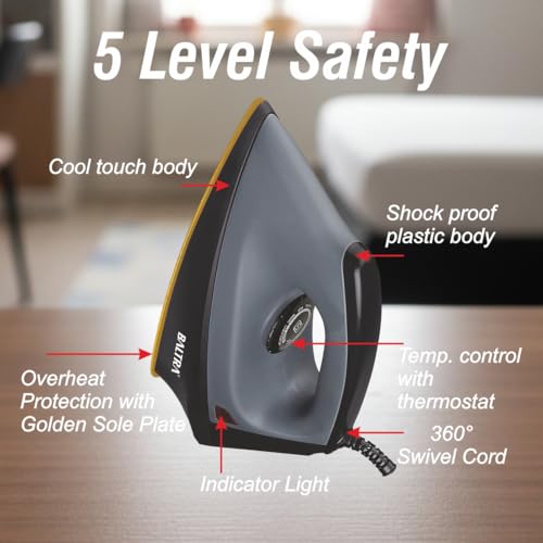 Image of BALTRA Flash Pro Dry Iron Press 1000 Watts, Greblon Non Sick Coated Golden Sole Plate | 5 Modes | Heavy Weight Iron for Clothes | Shock Proof Body | Aerodynamic Design | 2 Years Replacement Warranty