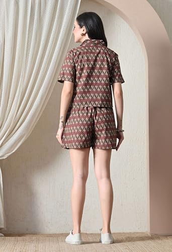 Image of Women Cotton Pajama Set Shirt & Shorts | Co-Ord Night Suit Soft Breathable Printed Sleepwear Lounge Wear Comfortable