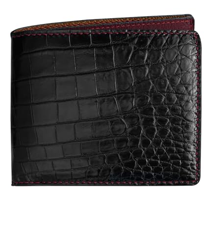 Image of HATA Black Red Bifold Wallet for Men, Exotic Billfold with Mixed Leather Interior, RFID Blocking Card Holder, Handmade Gift for Birthday, Anniversary, Father's Day VIMIX-12