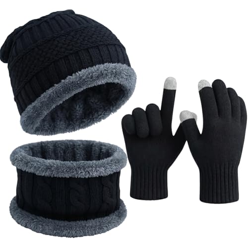 Image of Winter Knit Beanie, Hat, Neck Warmer Scarf and Woolen Gloves Set - Skull Cap for Men & Women (3 Piece)