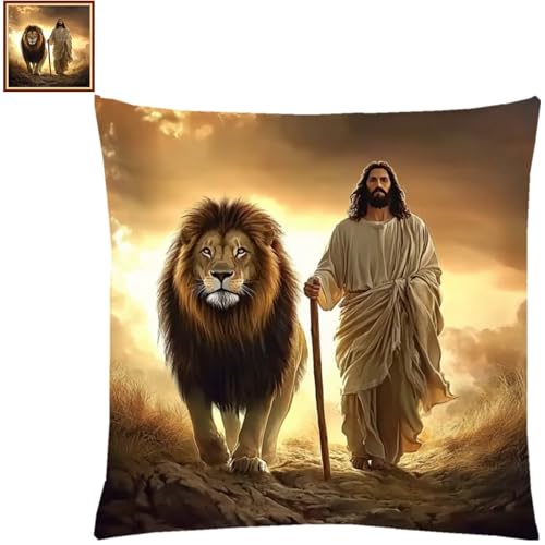 Image of Lovxvouy Pillow Cross Stitch Kits for Adults Beginners-Preprinted Needlepoint Kit Stamped Crossstitching Kits 11CT Cross-Stitch Kit Stitches Kit Embroidery Kits-Jesus the Lion 18x18 inchs