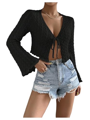 Floerns Women's Scallop Trim Trumpet Long Sleeve Tie Front Cardigan Crop Top