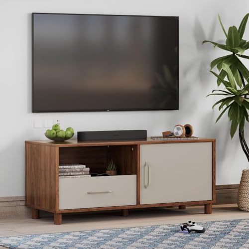 Image of Wakefit TV Unit | 1 Year Warranty | TV Stand Table, TV Unit for Living Room, TV Cabinet, Cabinet Engineered Wood with Drawer & 2 Close Shelves (Allie, Columbian Walnut & Pumic Grey)