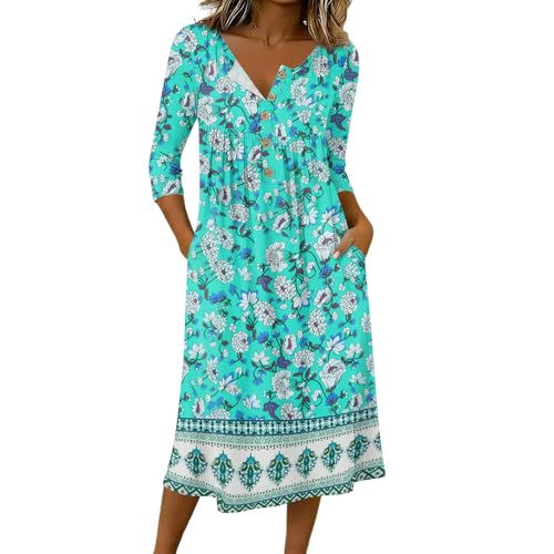 Womens Button Down 2026 Fashion T Shirt Dress Casual Loose Fit 3/4 Sleeve Sundress Round Neck Print Mid Dresses