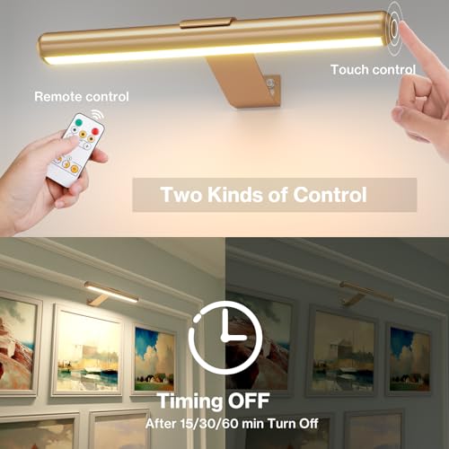 Image of Olafus Wireless Picture Light Rechargeable Battery Operated, Remote Control Painting Lamp with Removable Tube, Infinitely Dimmable, Timer, Photo Frame Art Light, Gallery Display Wall Light, Gold