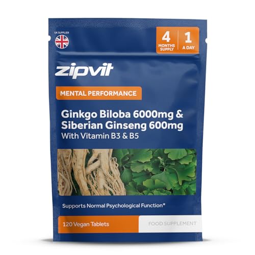 Zipvit Ginkgo Biloba 6000mg & Siberian Ginseng 600mg with Vitamins B3 & B5 Pouch 120 Vegan Tablets Supports Energy & Mental Performance 4 Month Supply