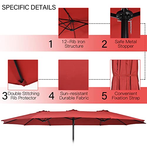 Image of Tangkula 15FT Double-Sided Patio Umbrella with Base, Extra-Large Market Umbrella W /Crank System, Outdoor Twin Umbrella W / 12-Rib Metal Structure & Air Vents for Garden, Backyard, Poolside (Burgundy)