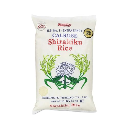 SHIRAKIKU Calrose Rice Medium Grain White Rice - Japanese Premium quality uncooked Milled Rice | Low Calories Perfect for Authentic Asian Cuisine 15 Pound, (Pack of 1)