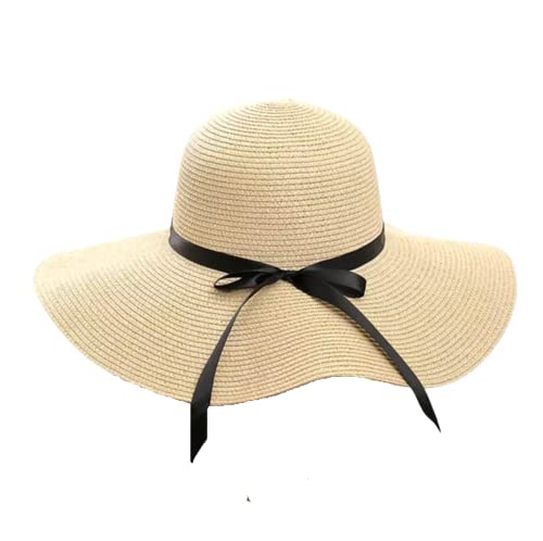 ZARCHE Womens Straw Hat Summer Beach Sun Hat Floppy & Foldable with Large Wide Brim & Bowknot Ribbon UPF50 (Beige)