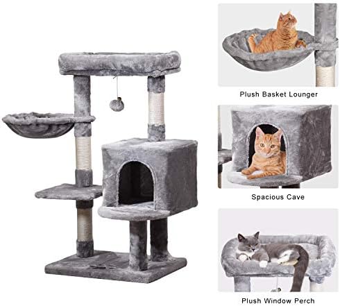 JISSBON 93cm Cat Tree Cat Tower with Padded Plush Perches, Condo, Hammock & Cat Scratching Post for Kittens, Adult Cats, Light Grey