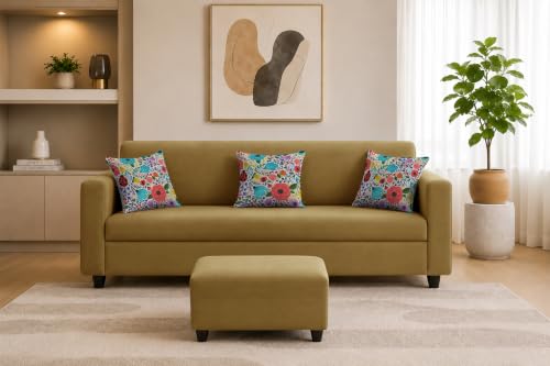 Image of Rosebell 3 Seater Sofa with Ottoman | Living Room Couch | with Printed Cushions | Sofa for Home, Apartment & Office-Golden Color