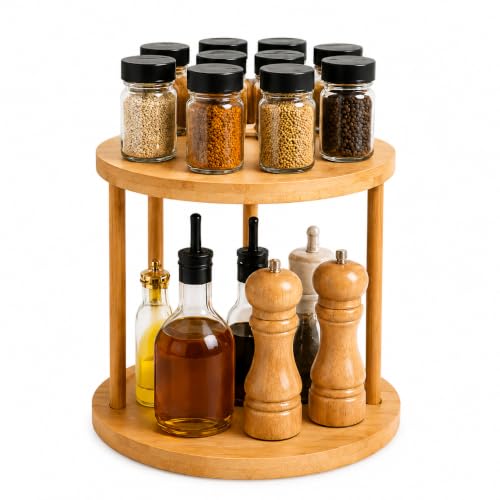 Image of Curated Cart Lazy Susan Organizer for Kitchen, 2 Tier Rotating Tray, 360 Bamboo Turntable, Dining Table Organizer for Home, Oil Bottle Organizer Stand, Kitchen Countertop & Spice Storage Organizer