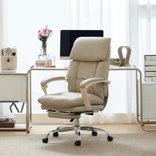 EMIAH Office Chair with Foot Rest, Ergonomic Executive Office Chair with Arms, Reclining High Back PU Leather Comfy Swivel Computer Desk Chairs with Wheels and Lumbar Support for Home Office, Beige - Image 3