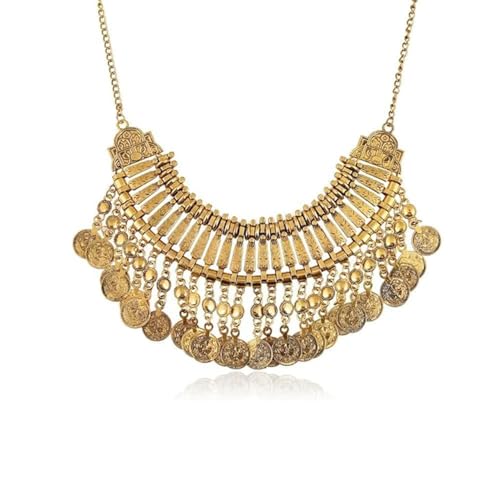 IMINI Collier Vintage En Pièce De Monnaie Gravée Court Épais Style Bohème Gothique Avec Franges Bijou Ethnique En Or Vieil Argent Cadeau Fête Halloween...