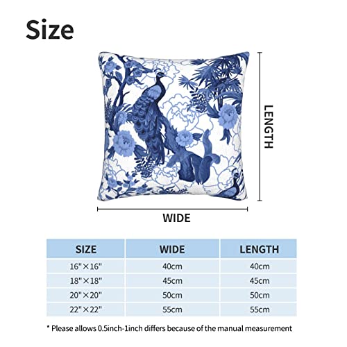 Birds And Peonies In Blue Color Pillow Cover Case Peacock Pattern Chinoiserie Style With Invisible Zipper Cushion Cover Throw Pillowcase For Home Decorative Couch Sofa Bedroom 18X18 Inch (2-Pack) #TOP2